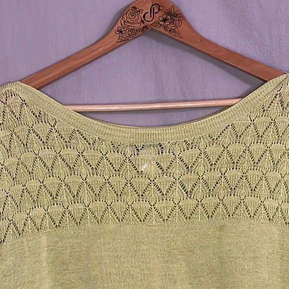 CJ Banks Chartreuse Green Open Knit Yoke and Sleeve, Tunic Sweater in 3X - Picture 7 of 14